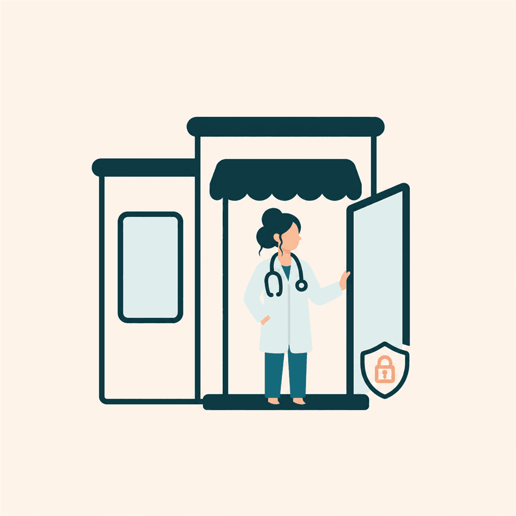 Illustration of a practitioner at their own clinic's door, private to that clinic