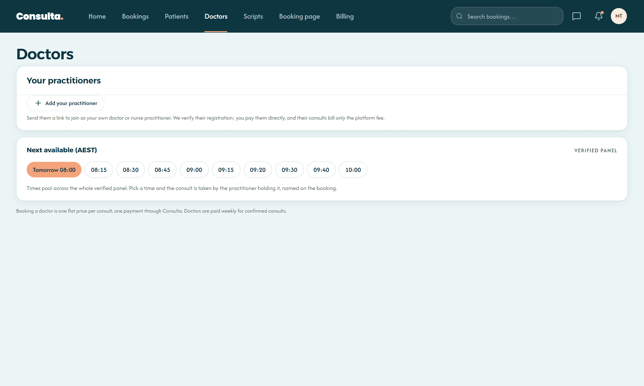 The Doctors tab: the verified panel with live bookable times for the week