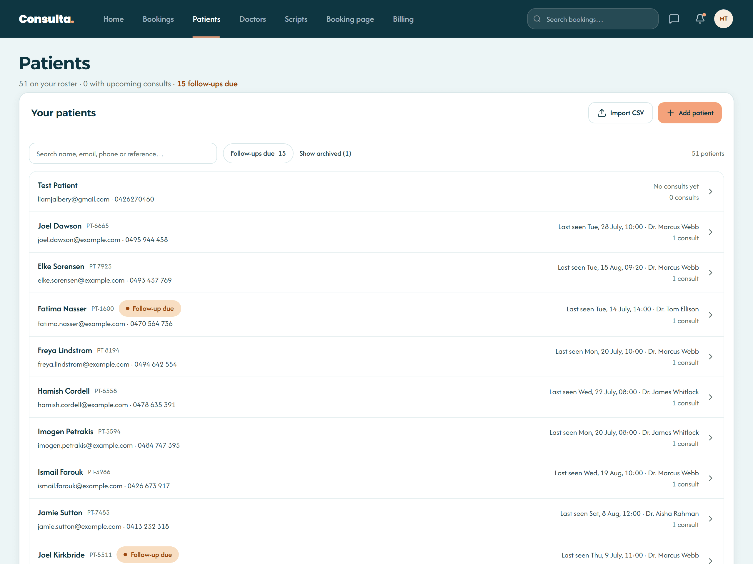 The Patients tab: your roster with consult history, last-seen doctor and follow-ups due