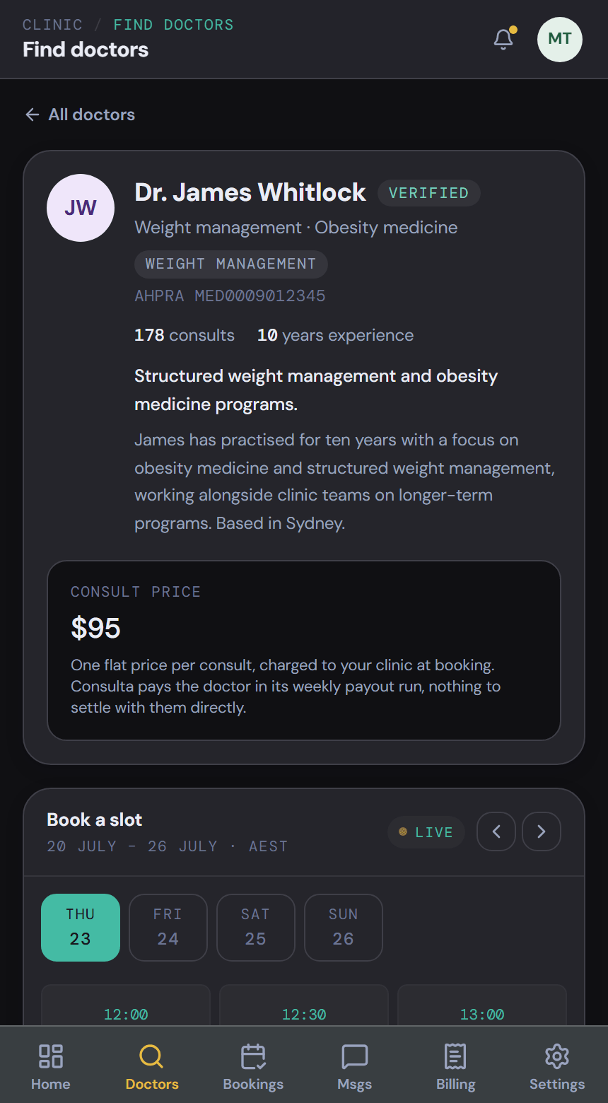 consulta, booking a doctor's live slots