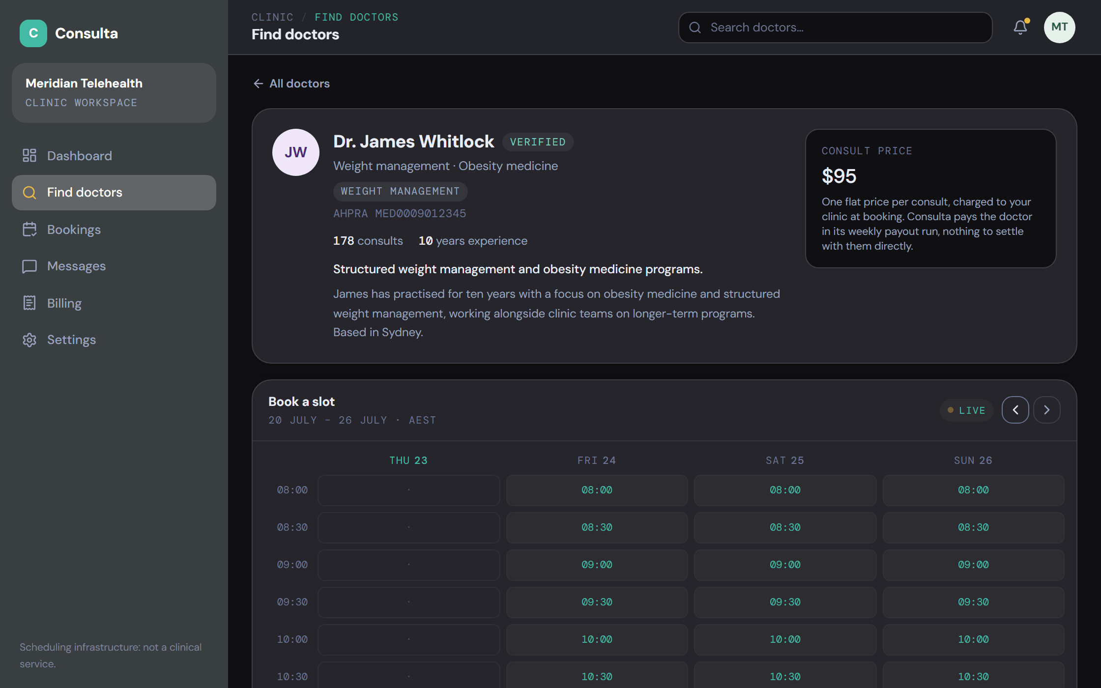 consulta, booking a doctor's live slots