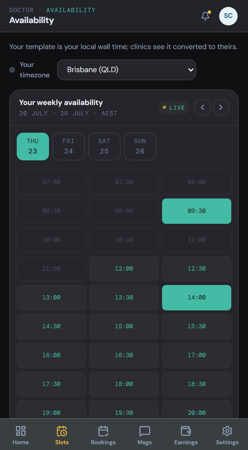 consulta, doctor availability grid