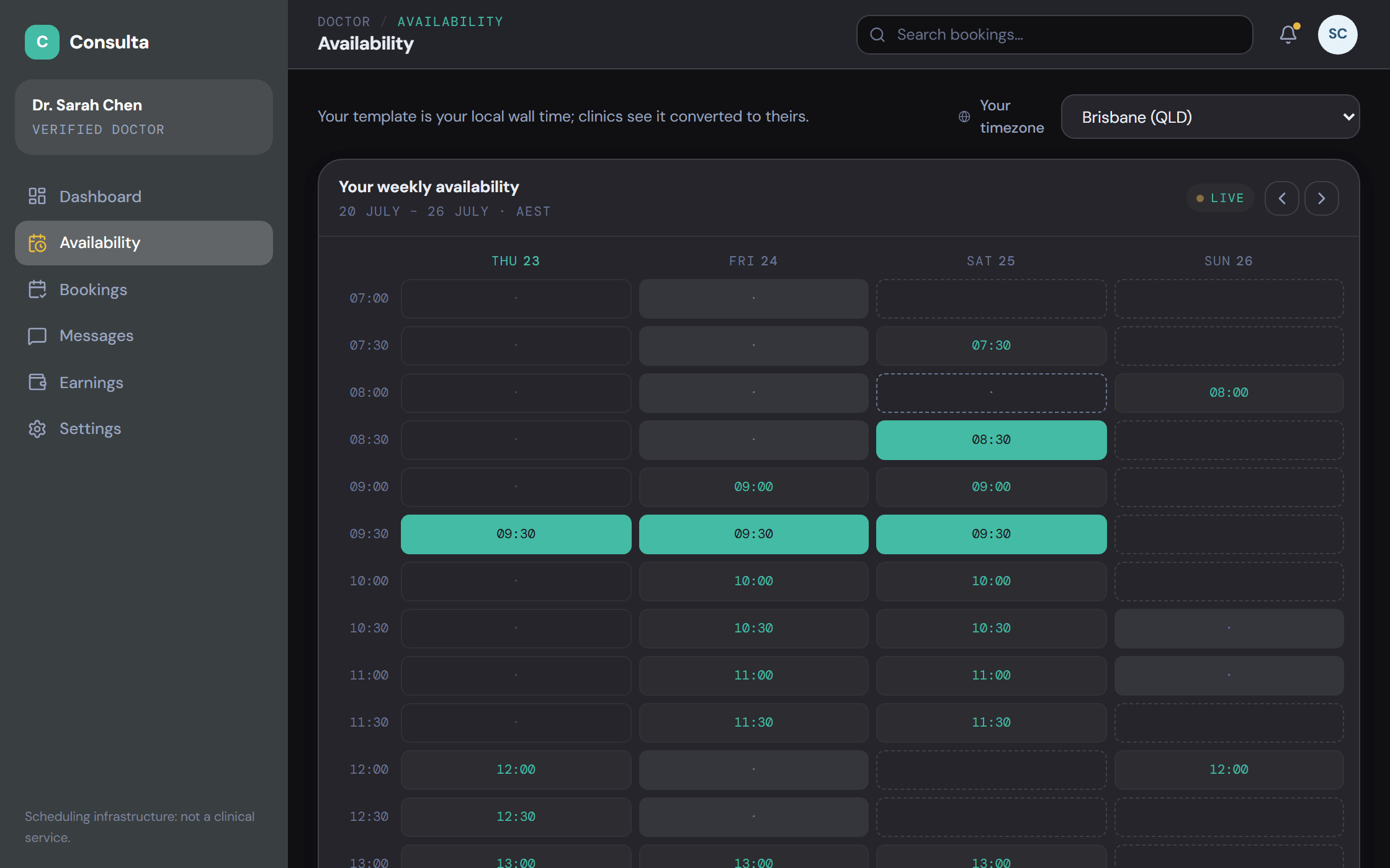 consulta, doctor availability grid
