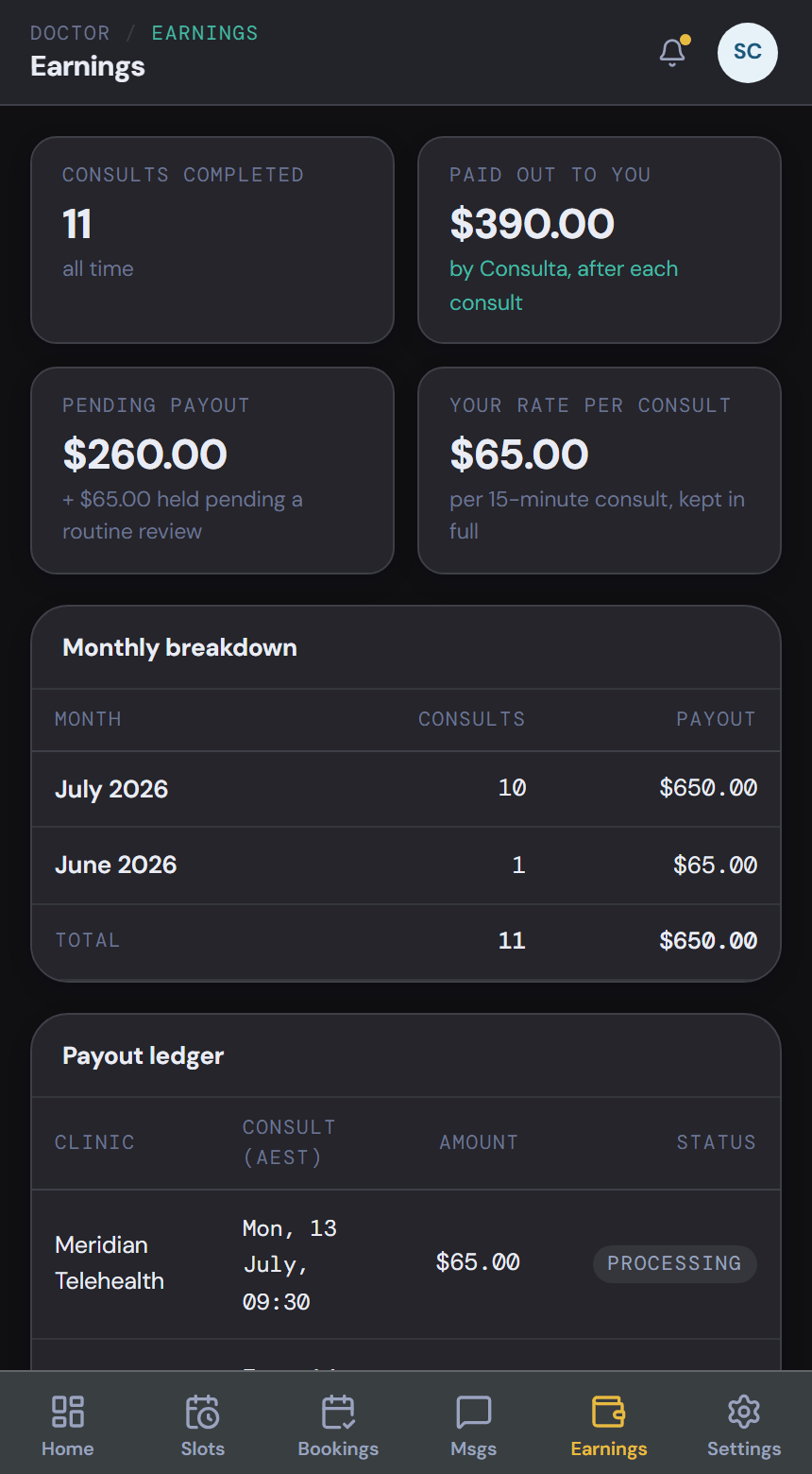 consulta, doctor earnings ledger